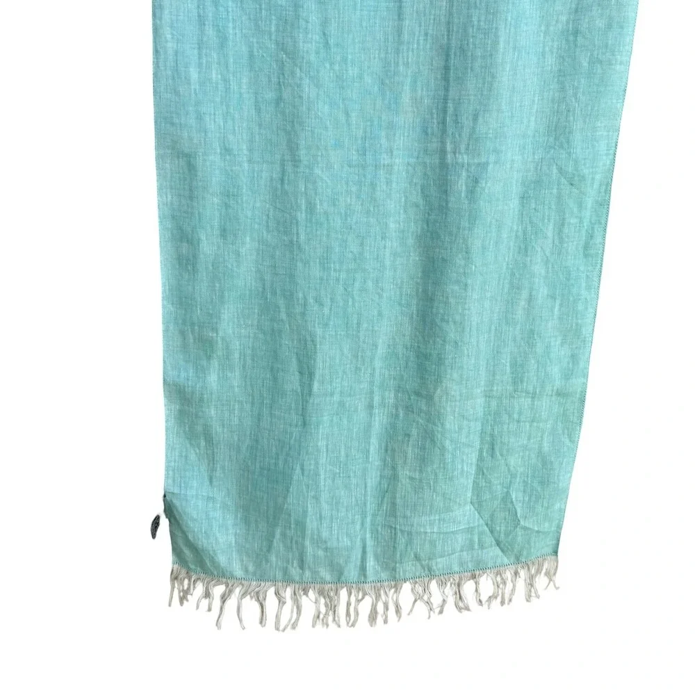 Lafayette 148 New York Coastal Boho Turquoise 100% Linen Fringe Scarf Wrap OS
